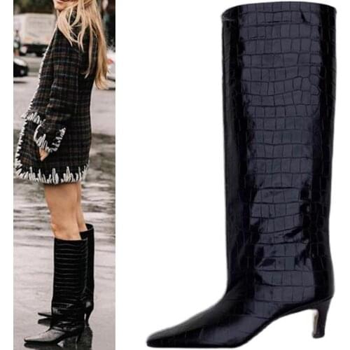 Drop Shipping New Woman Black Brown Crocodile Pattern Leather Knee High Boots 55 mm Mid Heels Square Toe Loose Tube Long Boots