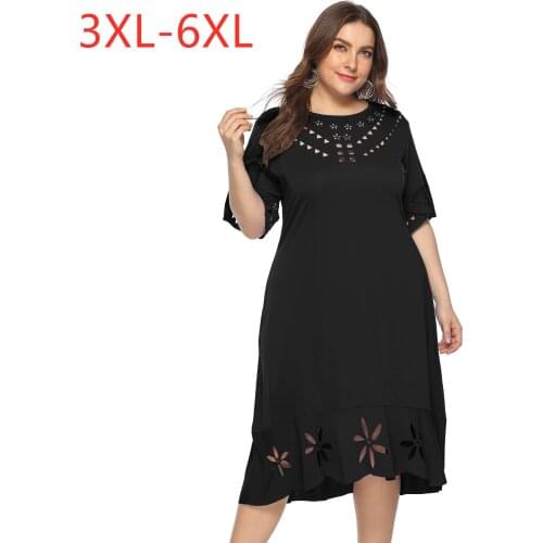 2021 new summer plus size long dress for women large slim casual short sleeve hollow out O neck dresses black 4XL 5XL 6XL 7XL
