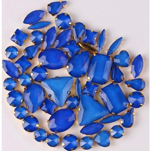Gold claw settings 50pcs/bag shapes mix jelly candy Sapphire glass crystal sew on rhinestone wedding dress shoes bags diy
