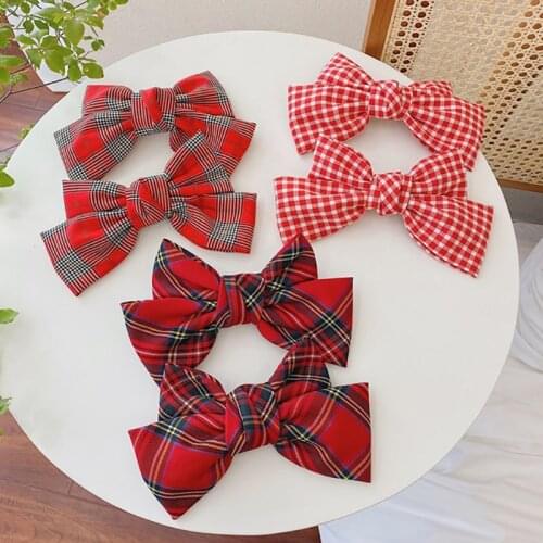 CN 10Pc Red Plaid Fabric Bowknot French Hair Clips Christmas Top Head Ponytail Hairpin Girls School Party Headwear Xmas Hairbows
