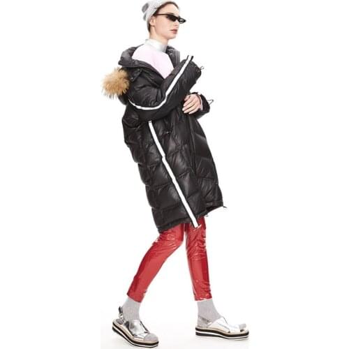 2019 Winter Womens New Fashion Down Jacket Reflective Striped Hooded Fur Collar Medium Long Coat Black Blue