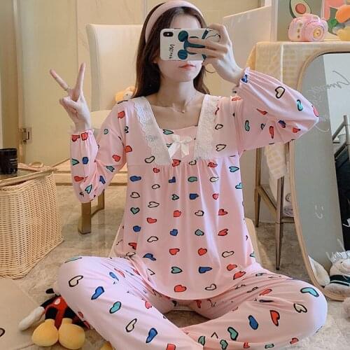 2020 Autumn Long Sleeve Cute Lace Pajama Sets for Women Sleepwear Suit Pyjamas Homewear Pijama Mujer Home Clothes Two Piece Set