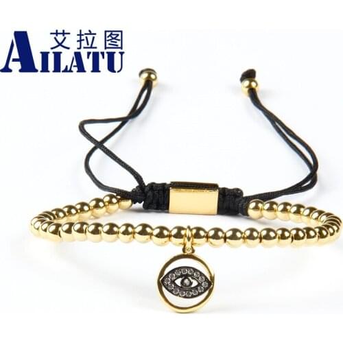 Ailatu Brand Clear Cz Turkish Lucky Eye Macrame Mens Bracelet Wholesale 10pcs/lot 4mm Stainless Steel Beads Jewelry