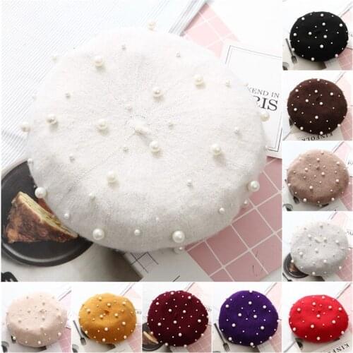 Beret Hat Women Wool Solid Color Bonnets Pearl Retro Hat Retro Plain Warm Elegant Ladies Winter Hat