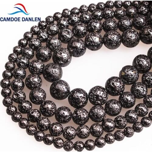 CAMDOE DANLEN Natural Stone High Quality Plated Black Lava Volcanic Round Loose Beads 6 8 10 12 MM Fit Diy Jewelry Making