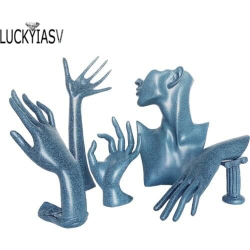 Blue Resin Side Face Portrait OK Hand Model Necklace Jewelry Organizer Storage Earrings Bracelet Ring Jewelry Display Props