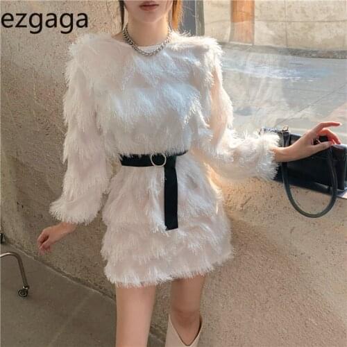 Ezgaga French Style Elegant Dress Women Furry Tassel Loose Bandage Sashes Long Sleeve Autumn New Korean Chic Ladies Dresses