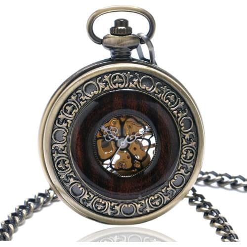 Elegant Retro Bronze Frame Wooden Case With Black Flower Roman Number Dial Design Mechanical Pocket Watch With Chain Fob Watches
