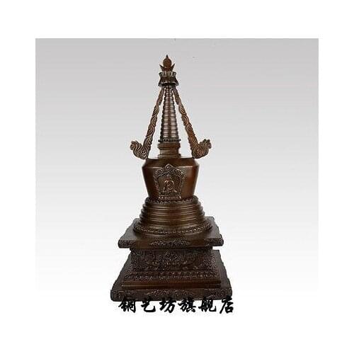 18" China Bronze Tibet Dagoba Pagoda Buddhism Tower Carving Shakyamuni Statue Decoration 100% real Brass Bronze