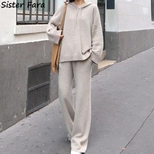 Sister Fara Autumn Women Long Sleeve Knitted Hooded Tops+High Waist Loose Wide Leg Pants Ladies Spring Sweater Two Piece Suit