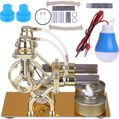 L-Type Double-Cylinder Stirling Engine Generator Model Science Experiment Educational Toy Gift With LED Diode And Bulb - Golden
