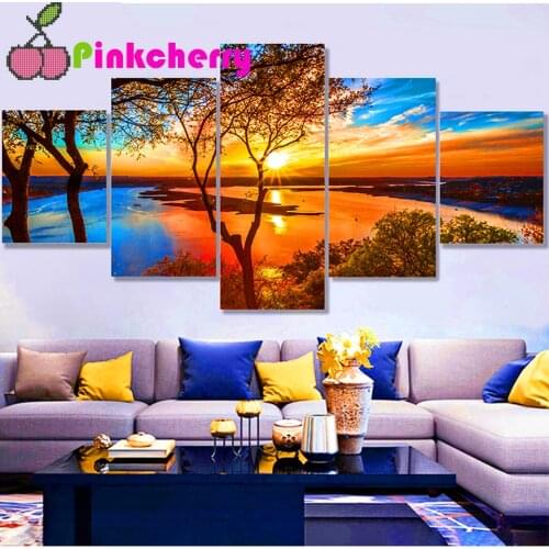 Multi-Panel Diamond Painting Beautiful Sunrise Natural Landscape diamond embroidery 5 piece set 5d Diy puzzle mosaic k1143