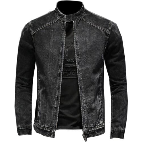 Mens black denim jacket motorcycle bomber jacket casual retro streetwear spring and autumn