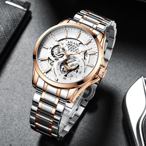 AILANG Mens Watch Fully Automatic Mechanical Hollow Stainless Steel White Dial Luminous Waterproof Mens Watch Genuine 8629B