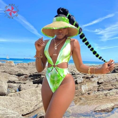In The Wind 2021 New Tie Dye One Piece Swimsuit Monokini Backless Bathing Suit Beach V Neck Swimwear Women Bodysuit