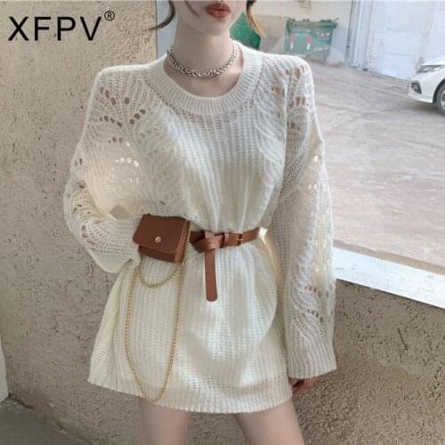XFPV 2021 Autumn Winter New Fashion Long Sleeve Solid Color Waist Closing Thin Hollow Out Sweater Womens Sweater SM306