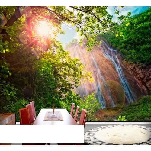 3D seamless large murals TV setting wall wallpaper sunshine landscape waterfall wood sofa Custom sizes