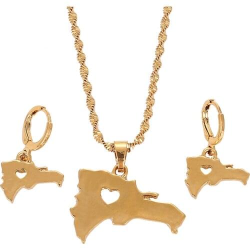 The Dominican Republic Map Pendant Necklace Earring Gold Color Map of Dominican Jewelry Sets