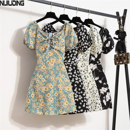 Bohemian Womens Mini Sexy Dresses Summer Floral Printed Shirring Pleated Elegant Short Puffy Sleeve Dress Korea Female Vestidos