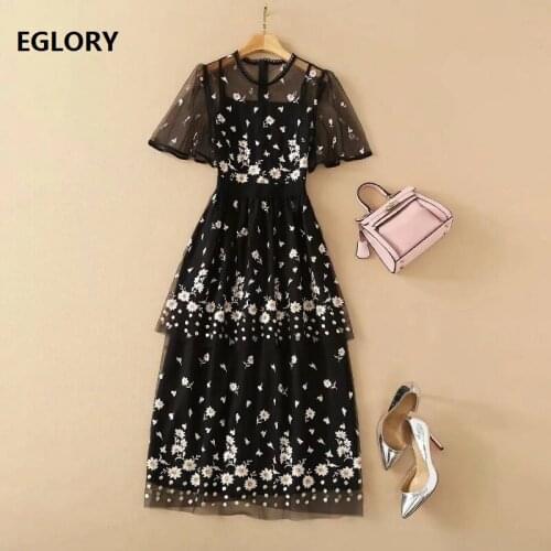 Luxury Dress 2021 Spring Summer Party Vestidos Special Occasion Women Exquisite Floral Embroidery Short Sleeve Black Mesh Dress