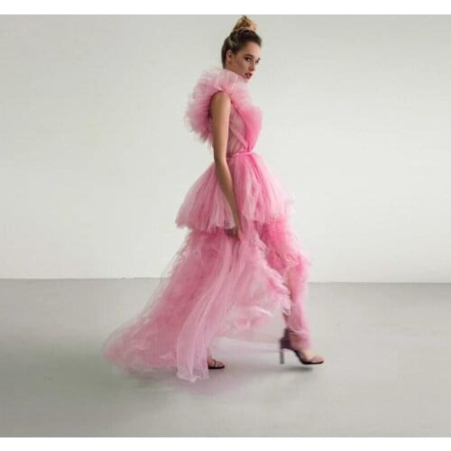 Pink Sexy Exquisite Elegant Woman Dress Backless Ruffles Tulle One-shoulder Party Dresses Plus Size Custom Made
