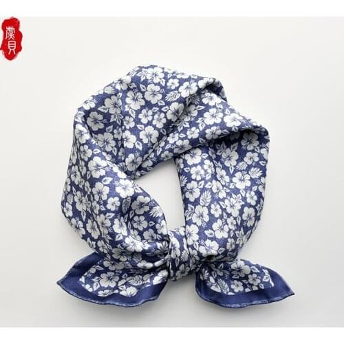 Blue natural silk twill scarf women printed little flower 100% real silk scarves 50cm small square shawl headband lady gift