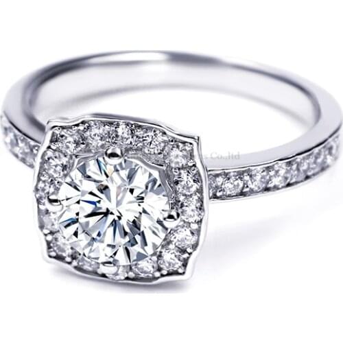 Tianyu Gems Silver Halo Rings 6.5mm Moissanite Diamonds Sparkle Round White Germstones Finger Rings 18k White Gold Plated Gifts