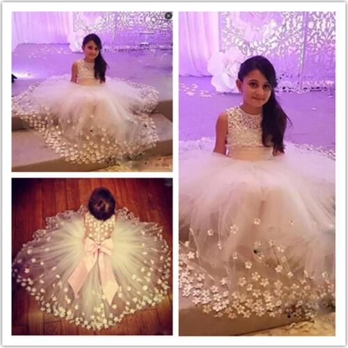 Tulle Sheer Back Flower Girl Dresses For Wedding Big Bow Sleeveless Girls Pageant Gowns Flora Appliques Baby Birthday Party