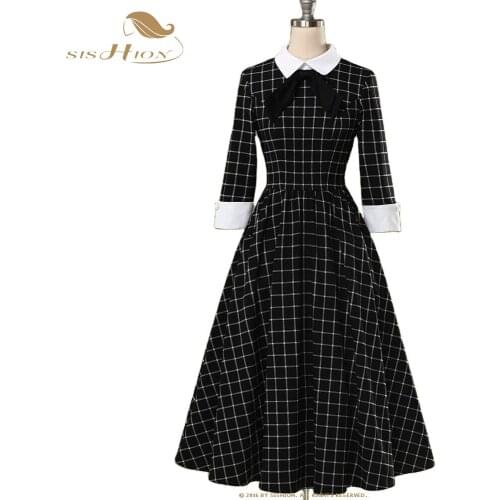 3/4 Long Sleeve Vintage Plaid Dress VD1663 Vintage Tunic Rockabilly Black Gingham Spring Rockabilly Swing Midi Dresses For Party