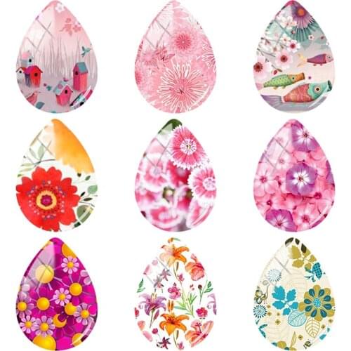 TAFREE Densely Flowered Photo 18x25mm Handmade Tear Drop Shape Glass Cabochon Dome Flat Back Jewelry FL273