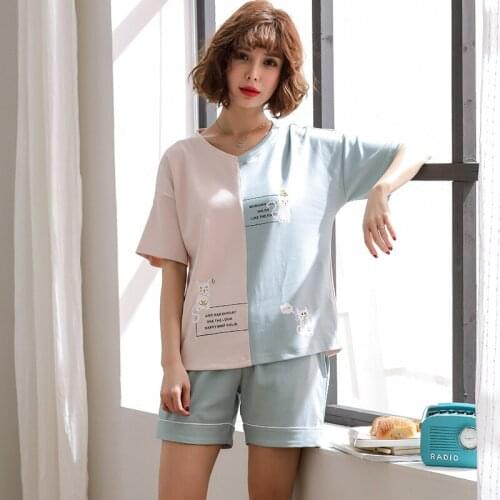 Women pajama lady summer cotton cute cartoon thin wearable casual short sleeve shorts two piece pajama sets pajama set pajamas