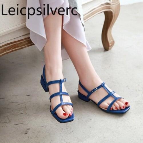 Womens Sandals summer new style Fashion Solid Narrow Band Open toe Buckle Thick heel Low-heeled Womens shoe plus size 28-50