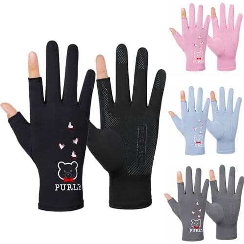 Ladies Summer Ice Silk Riding Sunscreen Half-Finger Gloves Driving Non-Slip Leaking Two-Finger Fishing Gloves Thin