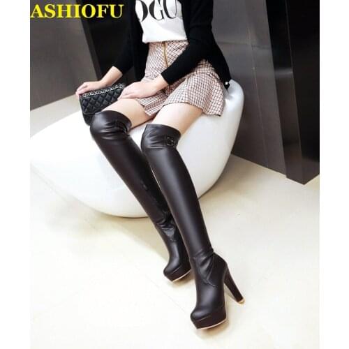 ASHIOFU Handmade Ladies High Heels Boots Sexy Platform Party Prom Over-the Knee Boots Evening Club Winter Fashion Long Boots