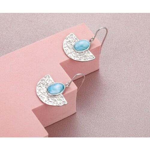 925 Sterling Silver Jewelry for Women Larimar Earring New Fashion Natural Precious Texture Restoring Ancient Ways Rhodium Plated