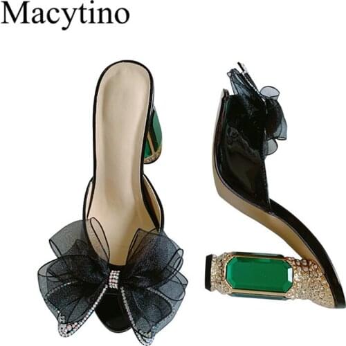 2019 Rhinestone High Heel Slippers Organza Bowtie Decor Elegant Slides Formal Dress Shoes Women Summer Mules