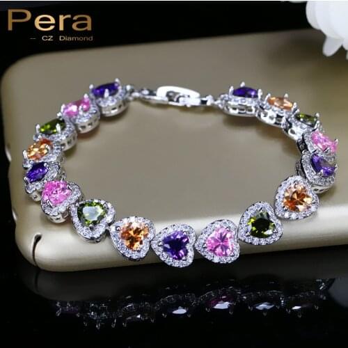 Pera 6 Color Option Ladies Party Jewelry Purple Red Green Cubic Zirconia Crystal Heart Shape Connected Bracelet For Women B069