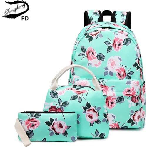 Fengdong green flowers school bags for girls floral backpack set kids cute waterproof backpack children stationery food bag set