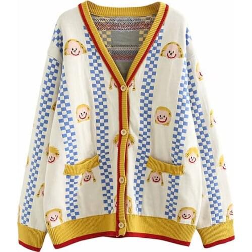 Women Cardigans Yellow Harakuju Cartoon Embroidery Single Breasted Knitted Sweaters 2020 Winter Korean Long Sleeve Ladies Top