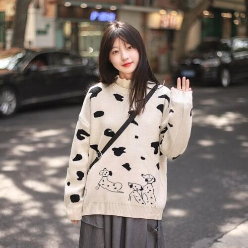 Cartoon Dog Jacquard Pullover Knit Sweaters Women 2021 Winter Warm Korean Fashion Ladies Kawaii Cute Soft Graphic Jumpers Tops