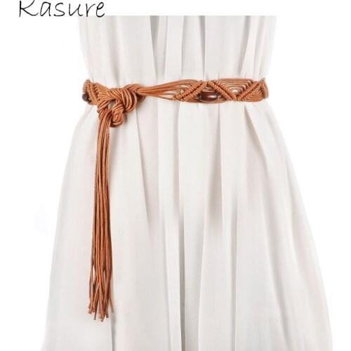 KASURE Womens' Bohemia Wax Rope Woven Waist Belt Skirt Dress Decorative Tassel Belts