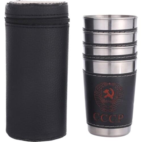 4pcs/lot 170ml Outdoor Camping Stainless Steel Cup With Leather Case Portable Wine Whisky Cup Camping Travel Accessories