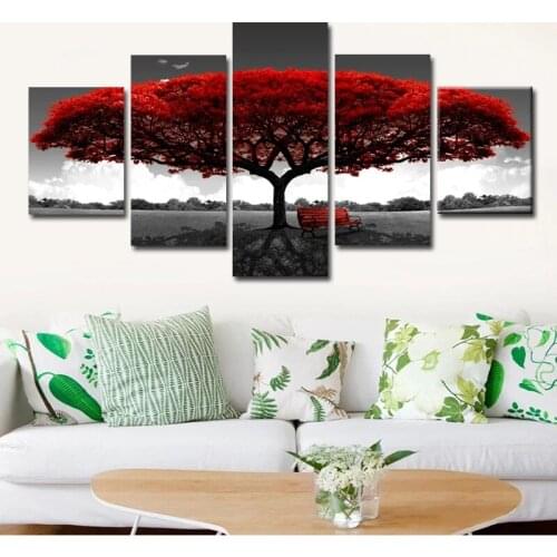 5 Panels Abstract Red Tree Oil Paintings Print On Canvas Posters And Prints Landscape Wall Art Pictures Home Wall Decor No Frame