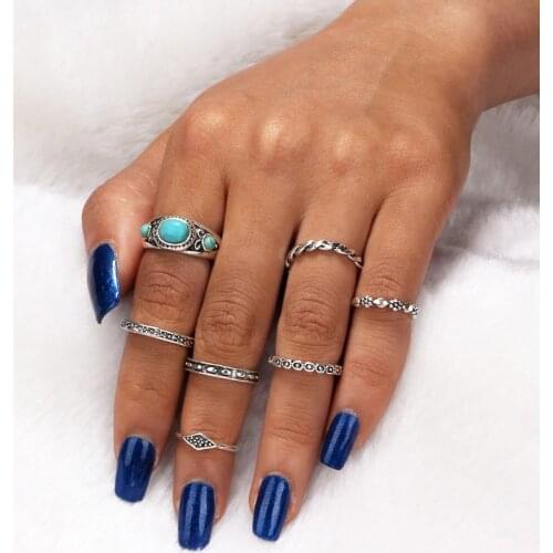 7pc/set Vintage Big Blue Stone Punk Antique Carved Fashion Midi Finger Rings For Women Bohemian Knuckle Ring Set Jewelry Anillos