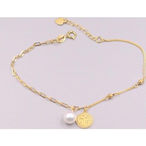 Au750 Real 18K Yellow Gold Bracelet For Women Female Natural Seawater Pearl 6mm Blessing Card Gold Bracelet 17cmL