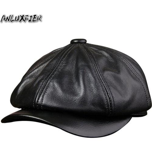 B-8807 Mens Visors Hats Cowboy Genuine Leather Hats Adult Autumn Winter Warm Head Wear Students Fashion Tongue Octagonal Hat