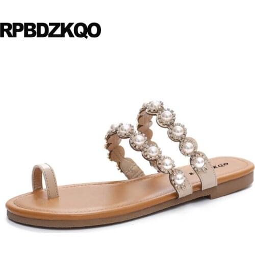 Diamond Slip On Pearl Women Sandals Flat Summer 2018 Rhinestone Shoes Slides Holiday Crystal Brown Toe Ring Soft Embellished