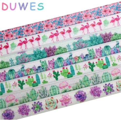 DUWES 5/8'' 50yards flamingo cactus plant printed Fold Elastic FOE stretch ribbon hairbow headwear headband DIY OEM D1001