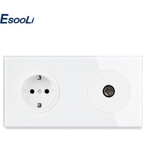 Esooli 2 Gang Crystal Tempered Pure Glass Panel EU Standard Wall Socket + Female TV Connector 172*86mm