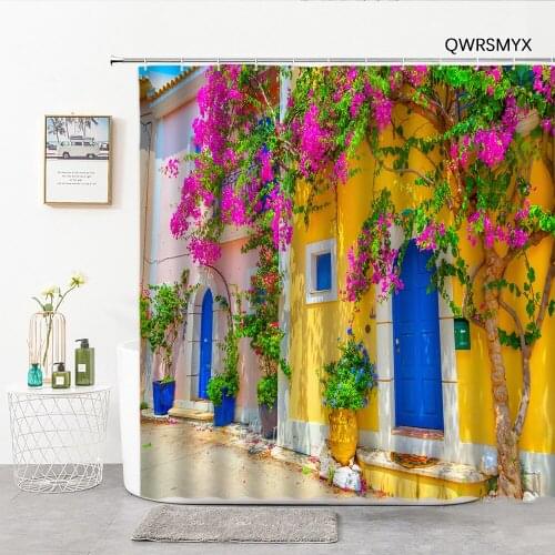 European Building Street View Shower Curtains Brightly Colored House And Flowering Tree Bathroom Decor Curtain Bathroom Products